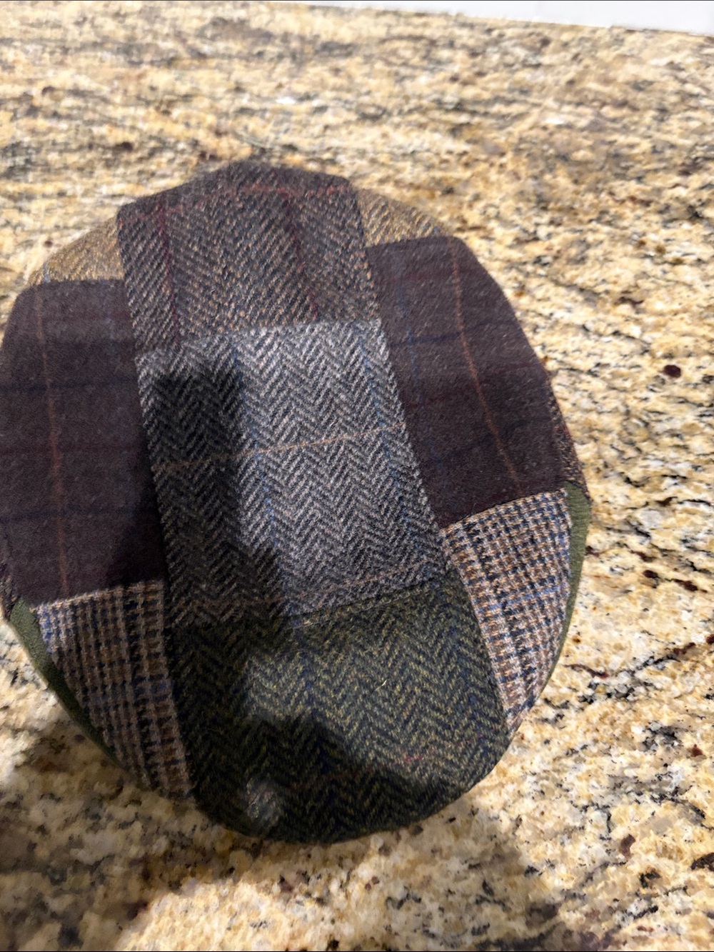 Mucros Patchwork Tweed flat Cap in Brown and Green